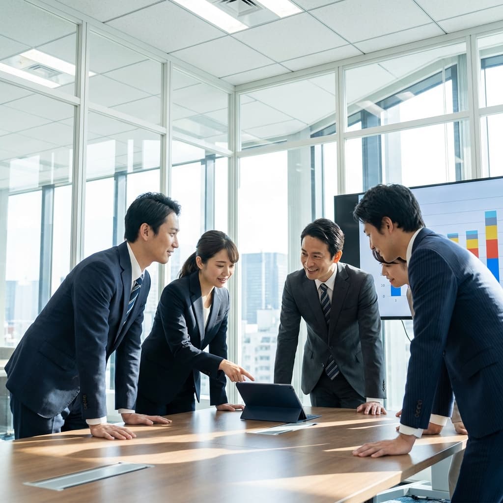 背景：明るいオフィス風景 または メンバーの集合写真