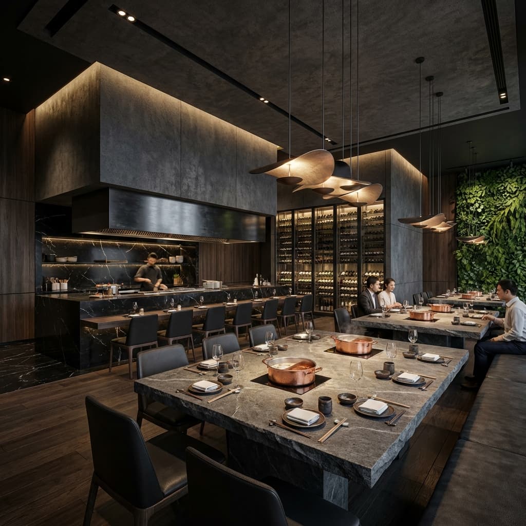 背景：高級感のあるしゃぶしゃぶ料理または洗練された店内