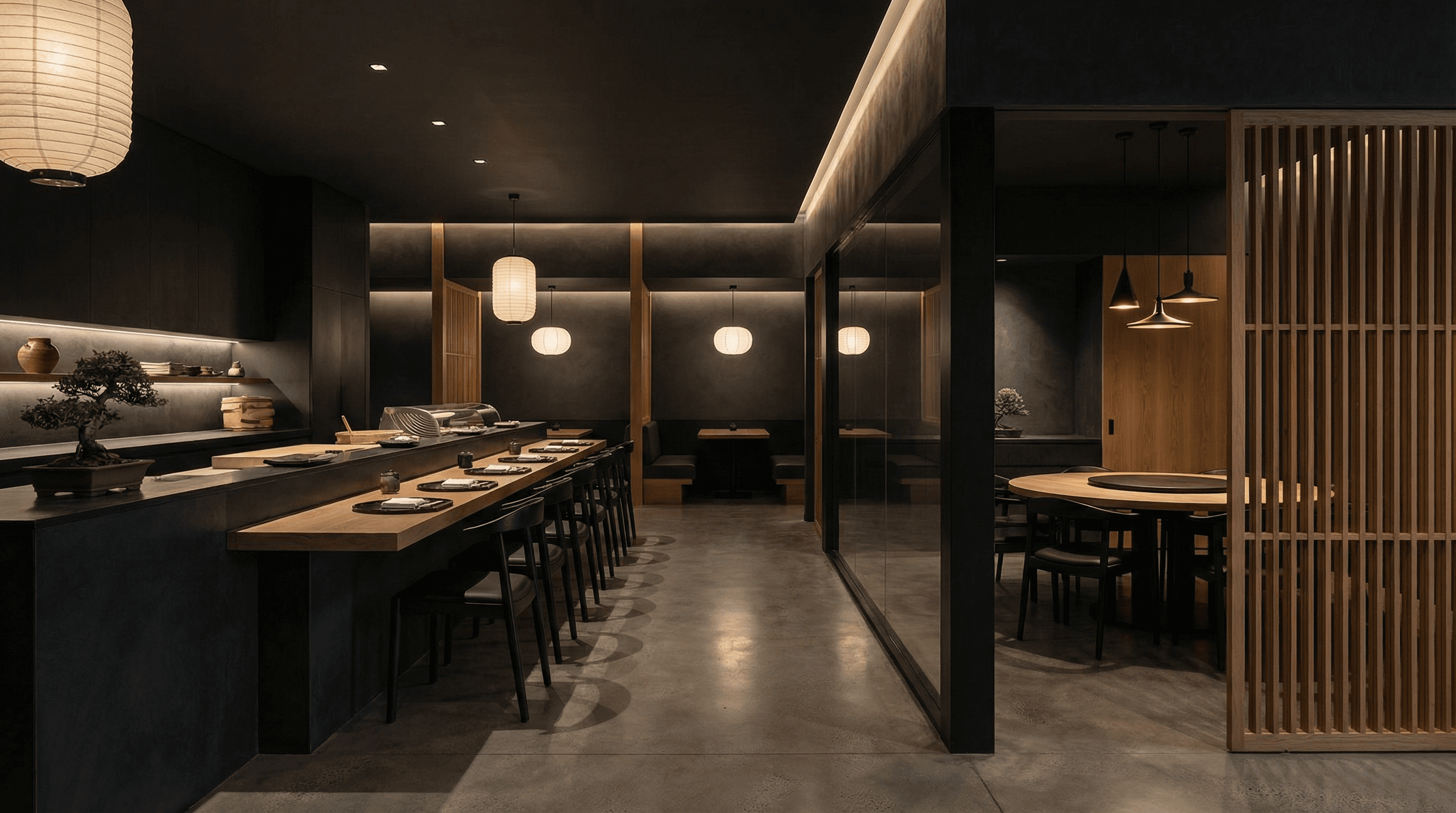 しゃぶしゃぶ 粹（Sui）店内コンクリート・木目調モダン空間