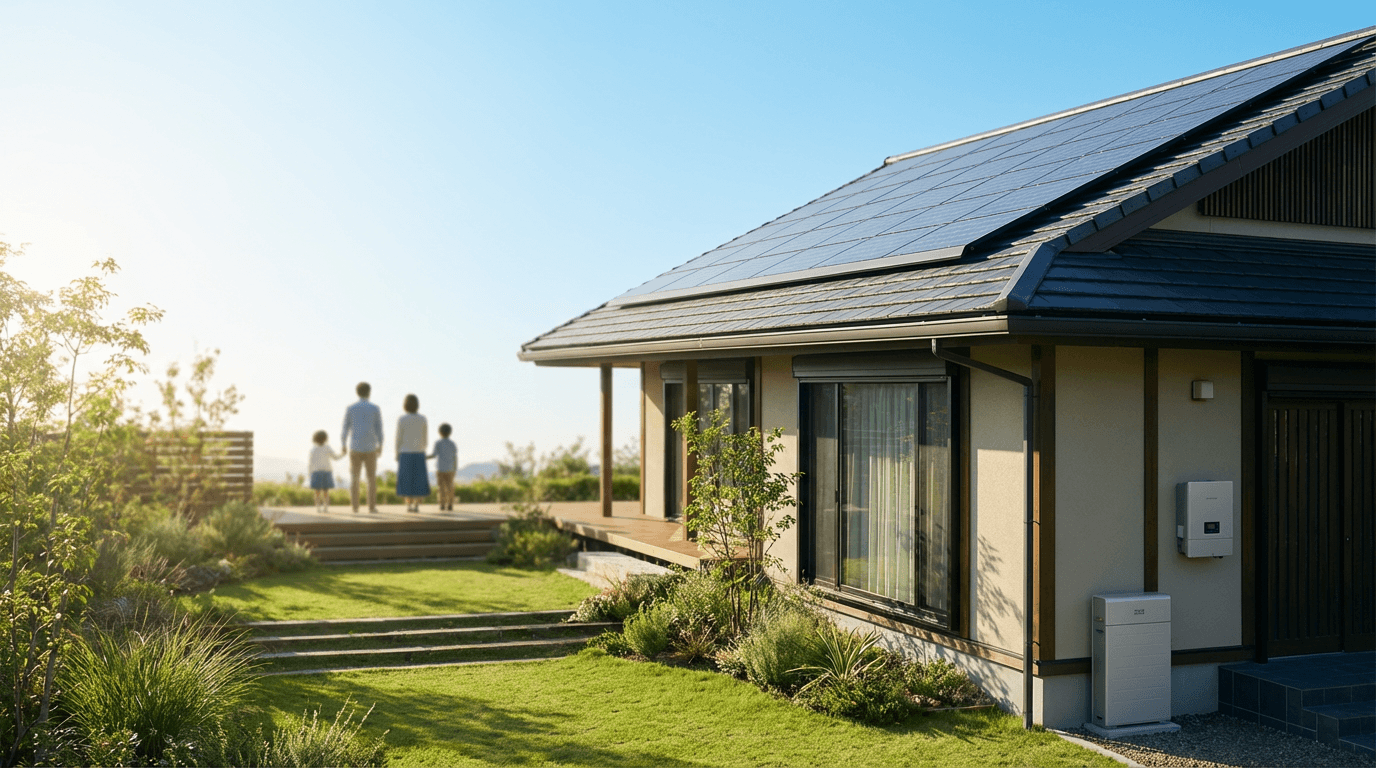 背景：家族の笑顔、災害への備え、クリーンエネルギー