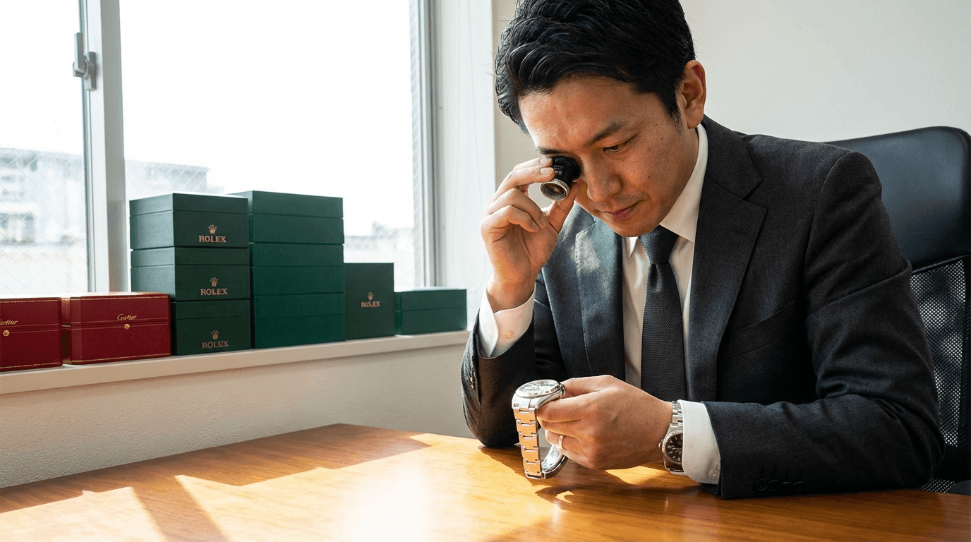 背景：整理整頓された部屋、鑑定士の誠実な姿